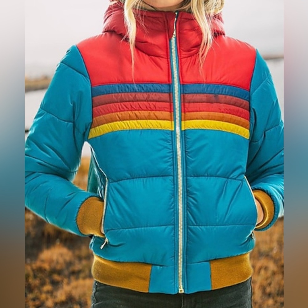 Teal & Red Colorblock Puffer Jacket with Rainbow Stripe